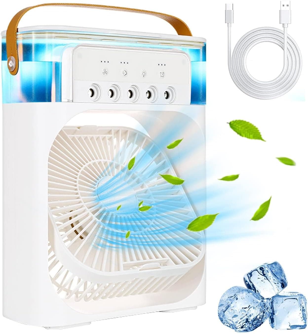 Portable Desert Air Cooler and Fan with LED Light Control 3-Speed Settings USB Rechargeable Mini Air Conditioner for Home Office or Outdoor Use Freestanding Compact Design – White