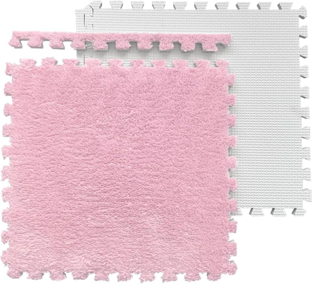 Interlocking Mat 30x30 cm, Fluffy Soft Foam Carpet, Floor Protector, Exercise Mat for Kids Room, Home, Bedroom, Durable Polyester - pink